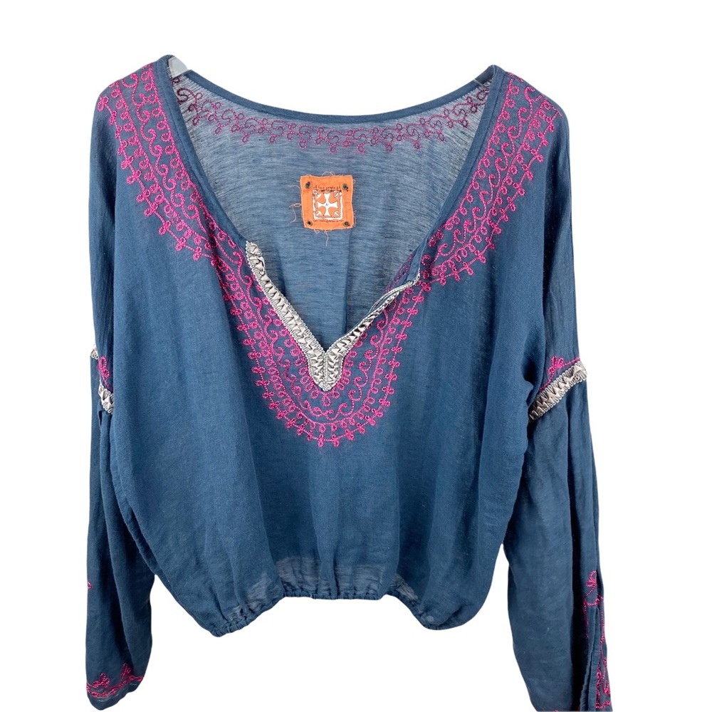 Free People Linen Gauze Cropped Embroidered BoHo Peasant Blouse Medium